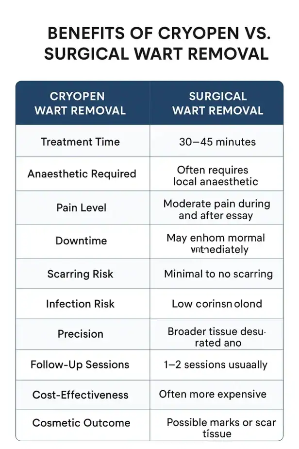 Table showing the benefits of cryopen to remove warts Northamptonshire compared to surgical treatment